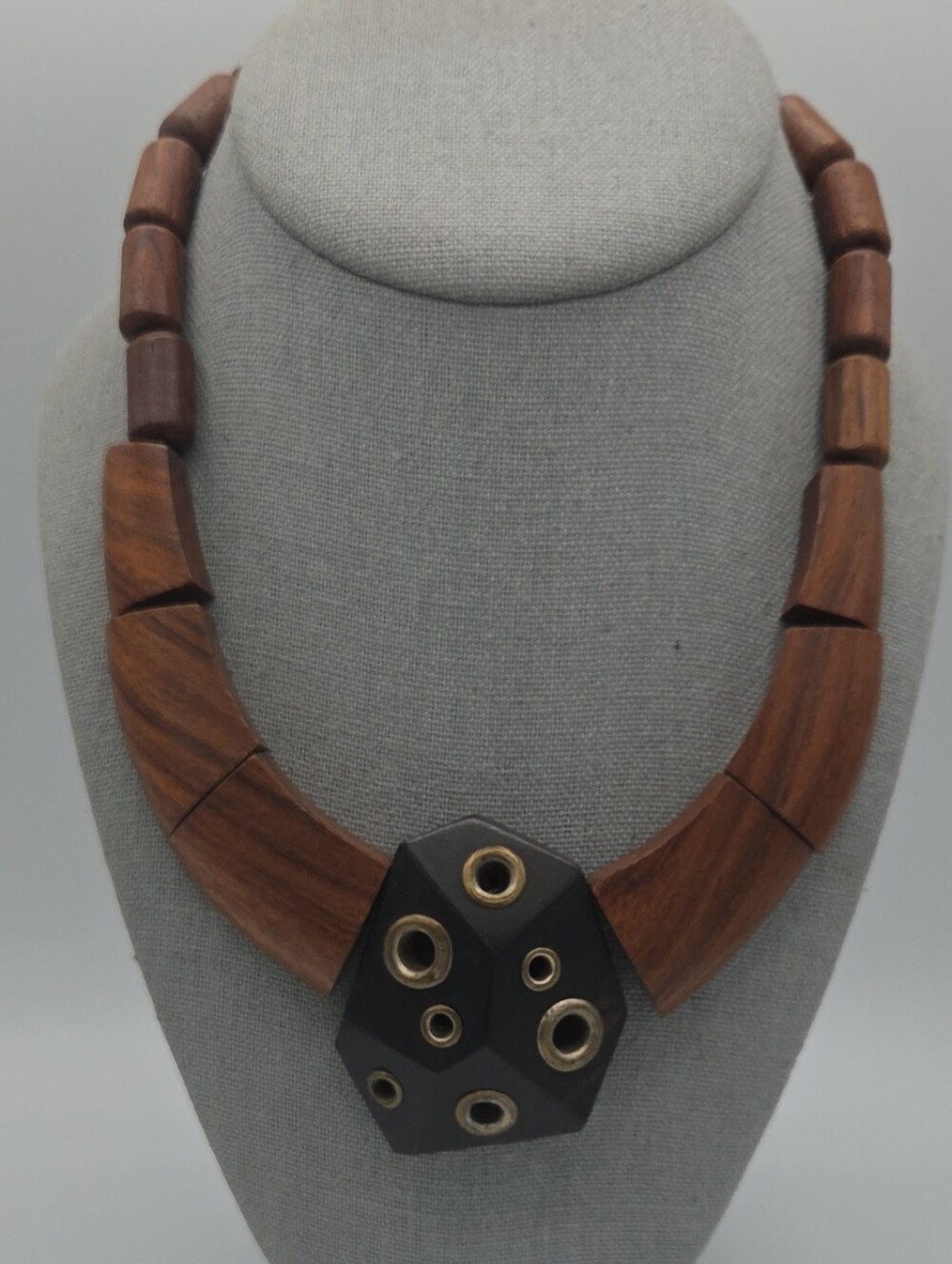 5 for $25! Vintage Handcrafted Brown Wood Necklace with Black Geometric Pendant